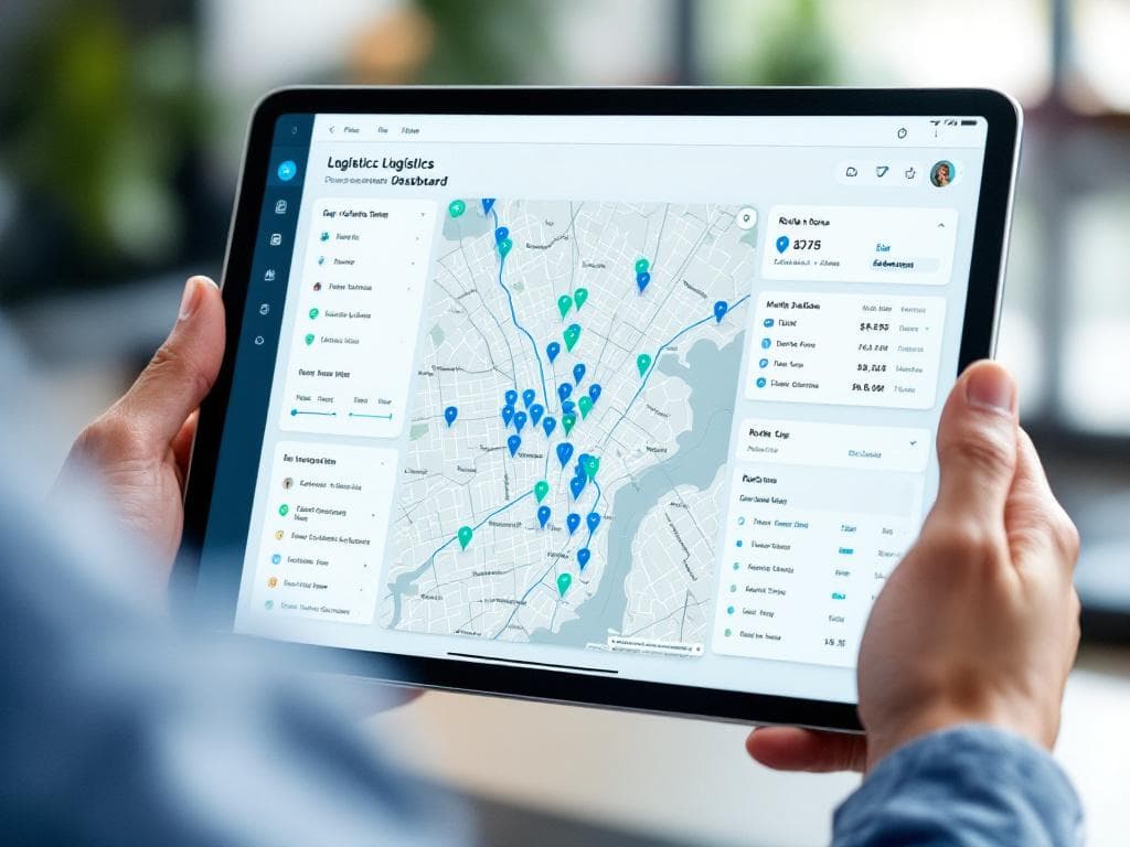 Logistics dashboard showing optimized routes on a city map